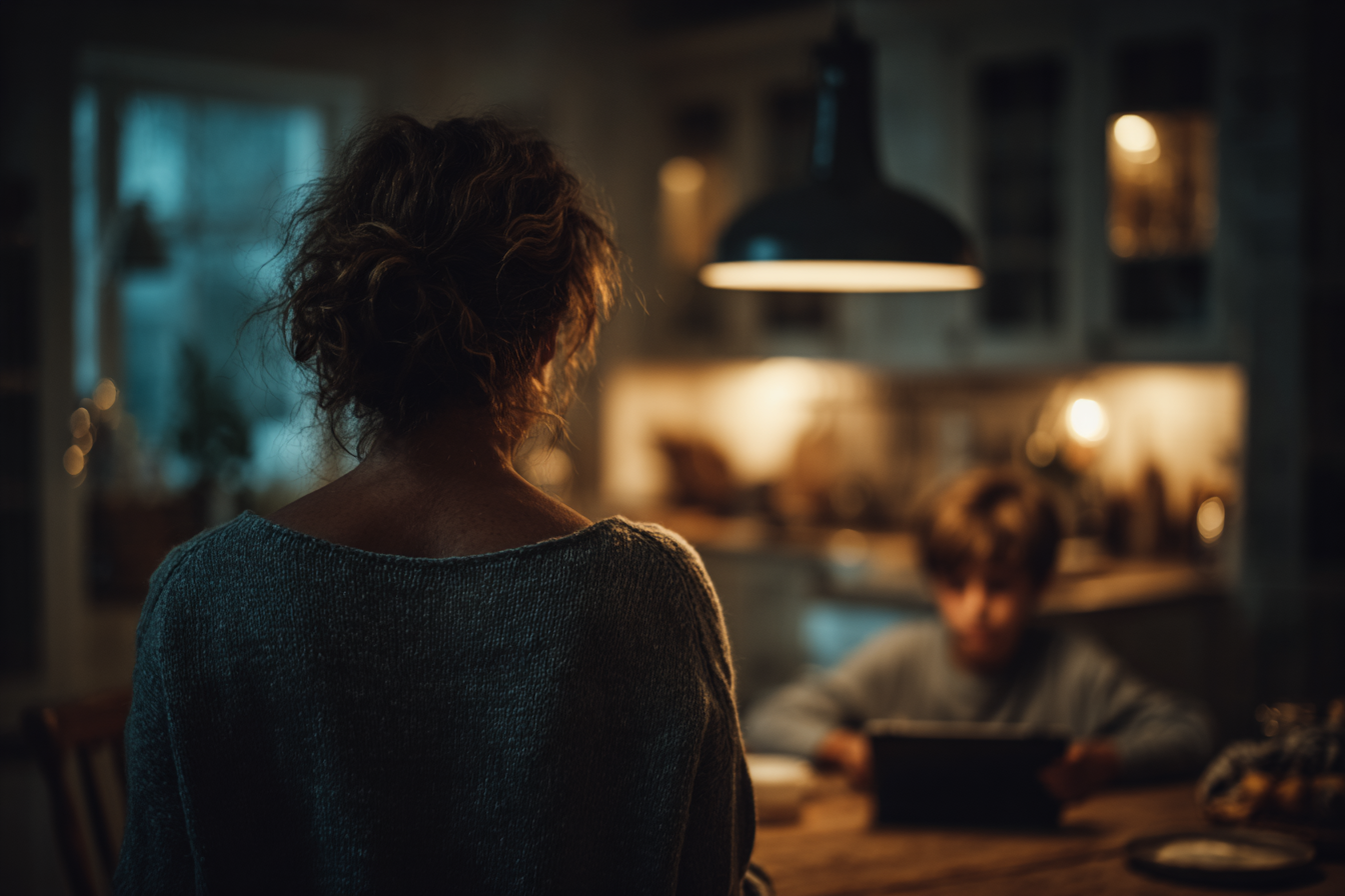 Madre observando a su hijo usar una tablet — escena cotidiana con IA en familia
