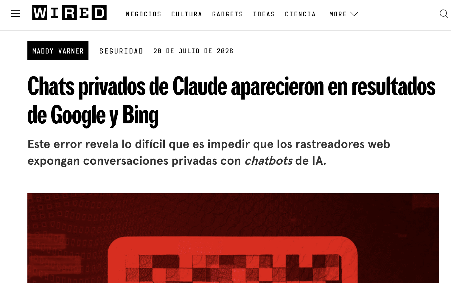 Pantalla con una conversación de inteligencia artificial y una barra de búsqueda superpuesta, representando la exposición de chats compartidos en buscadores